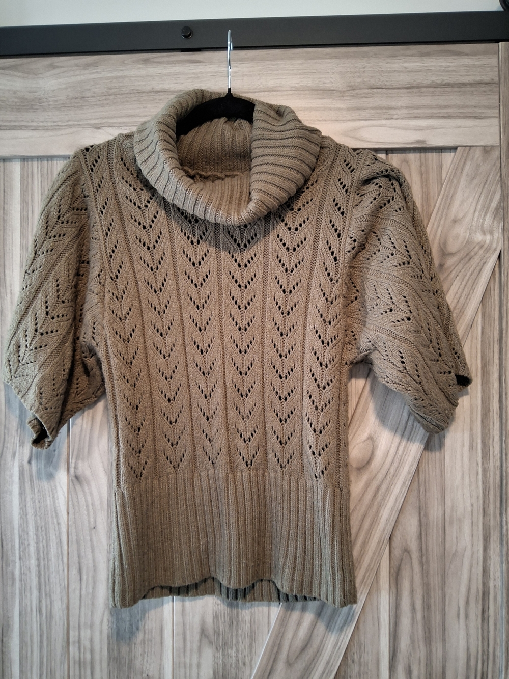 Open-Knit Cowl Neck Short Sleeve Sweater in Tan